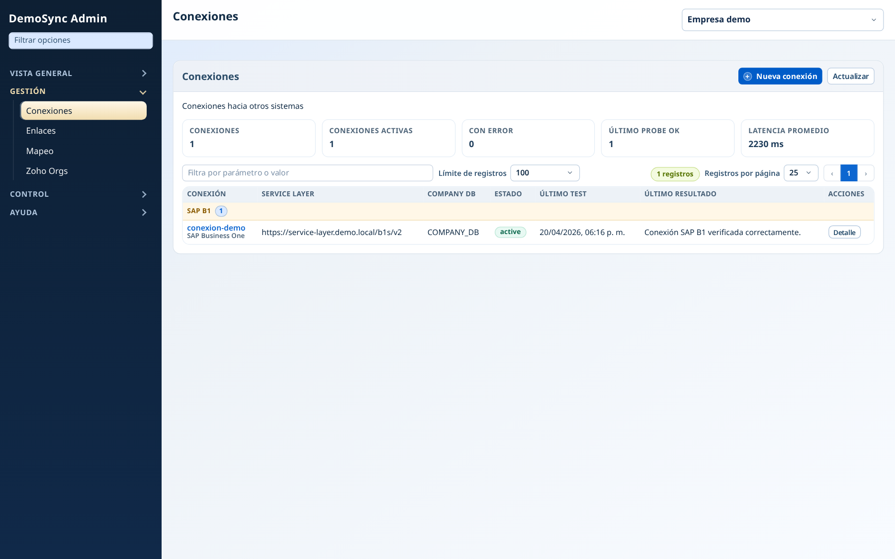 Pantalla de conexión activa con SAP Business One y primeros pasos de configuración